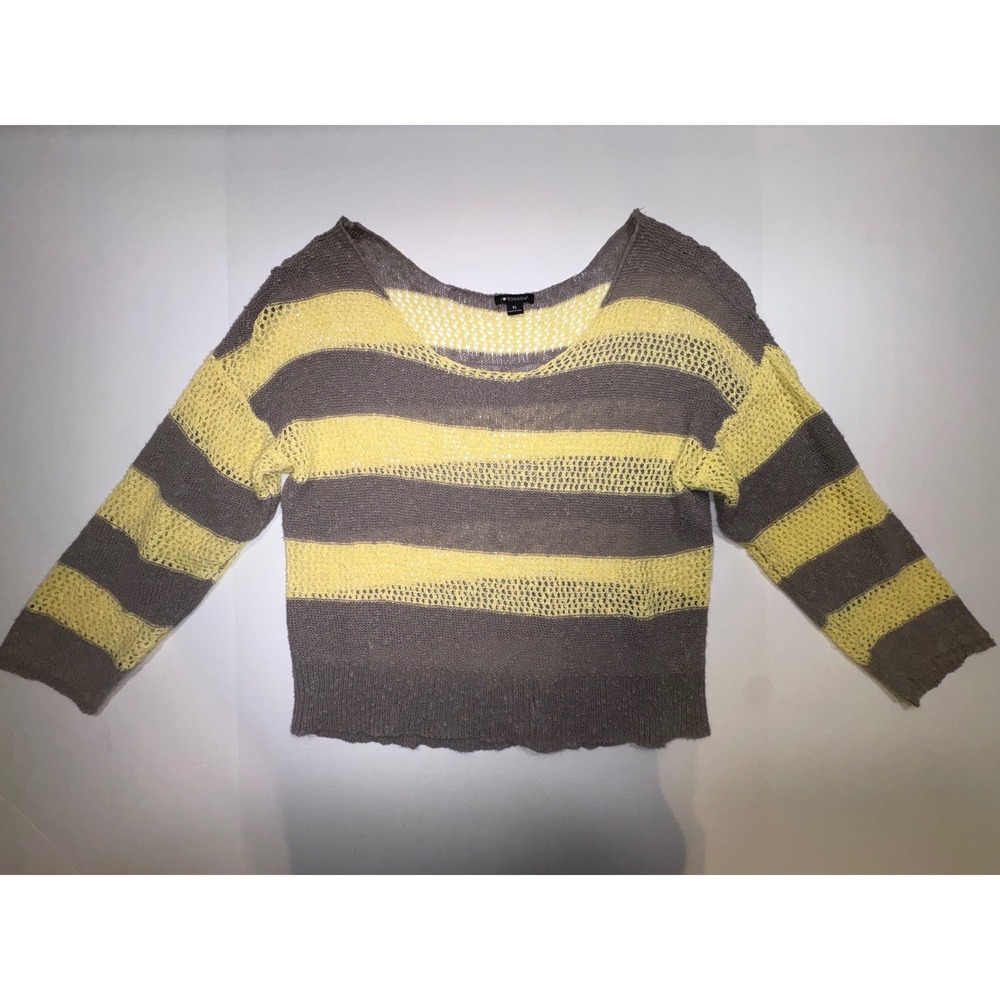 I Heart Ronson Womens XL Striped Open Knit Crochet Sweater Greyish/ Yellow Ramie